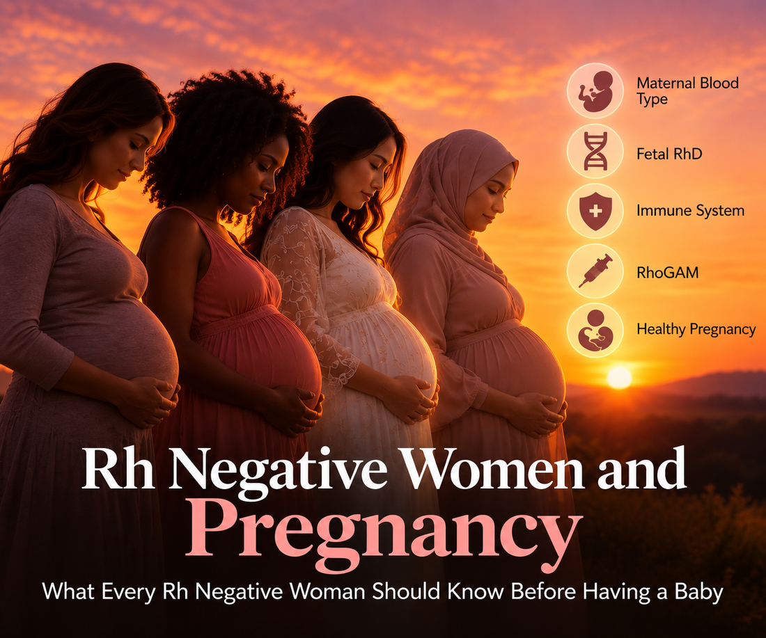 Pregnant women are at a sunset representing Rh negative pregnancy, maternal blood type, fetal RhD, immune response and RhoGAM.