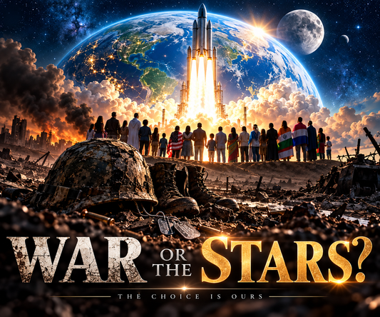 Humanity is watching rockets launch toward space above an abandoned battlefield, representing a choice between war and space exploration